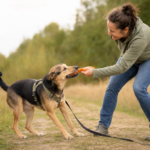 Eine Hundehalterin belohnt ihren aufmerksamen Hund draußen mit einem gemeinsamen Zerrspiel.