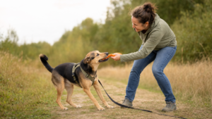 Eine Hundehalterin belohnt ihren aufmerksamen Hund draußen mit einem gemeinsamen Zerrspiel.