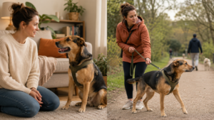 Derselbe Hund ist zu Hause aufmerksam bei seiner Halterin, während er draußen von seiner Umgebung abgelenkt ist.