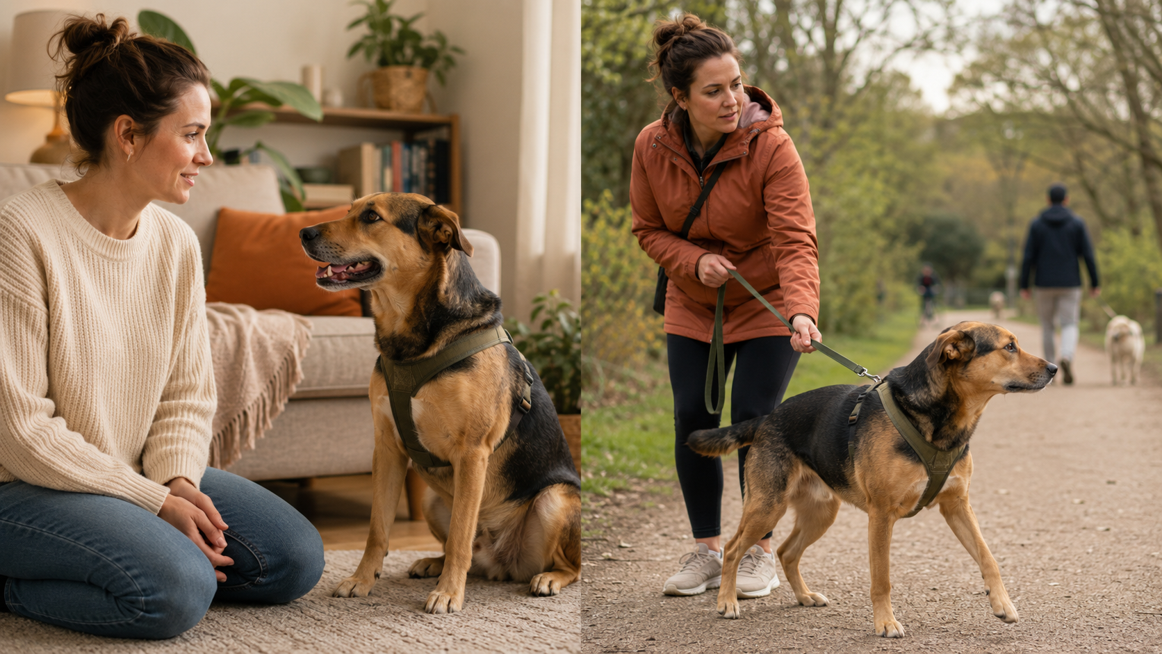 Derselbe Hund ist zu Hause aufmerksam bei seiner Halterin, während er draußen von seiner Umgebung abgelenkt ist.