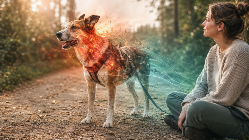 Ein aufmerksamer, angespannter Hund, dessen innere Erregung durch rote und orangefarbene Linien dargestellt wird, steht neben seiner ruhig sitzenden Halterin.
