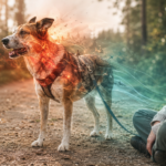 Ein aufmerksamer, angespannter Hund, dessen innere Erregung durch rote und orangefarbene Linien dargestellt wird, steht neben seiner ruhig sitzenden Halterin.